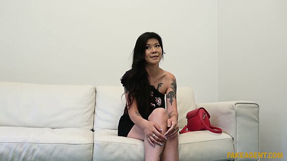 shaved pussy asian big tits fake cum